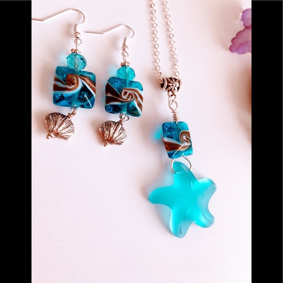 Blue starfish seaglass pendant necklace set - Picture 1 of 4